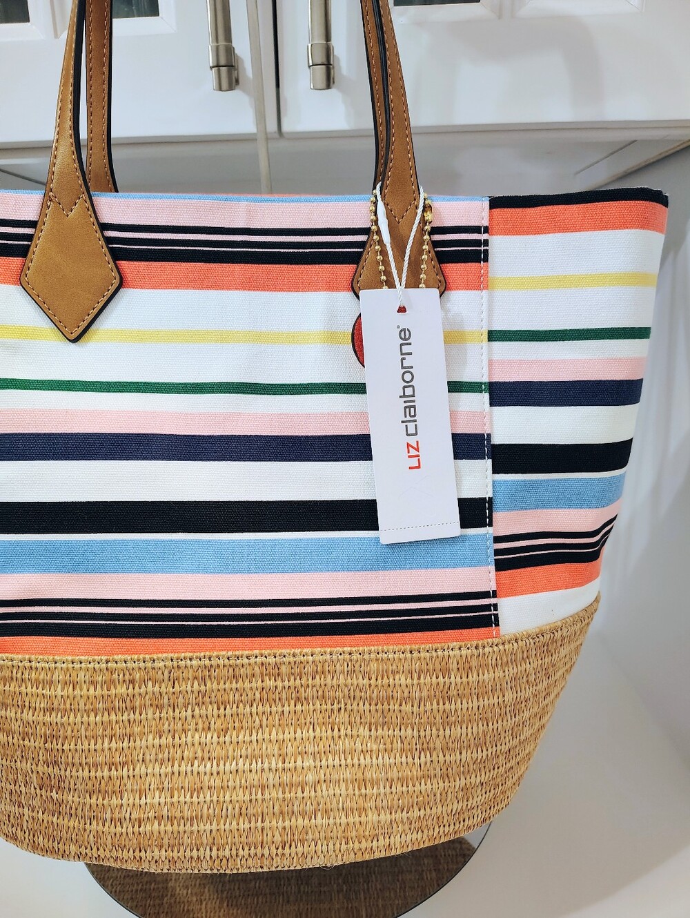 NWT Liz Claiborne Tote Bag - Raffia & Striped Multicolor Canvas - Picture 5 of 14